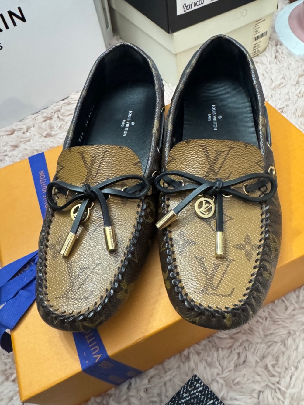 Louis Vuitton Tan Monogram Driving Loafers with Black Laces and Gold Hardware
